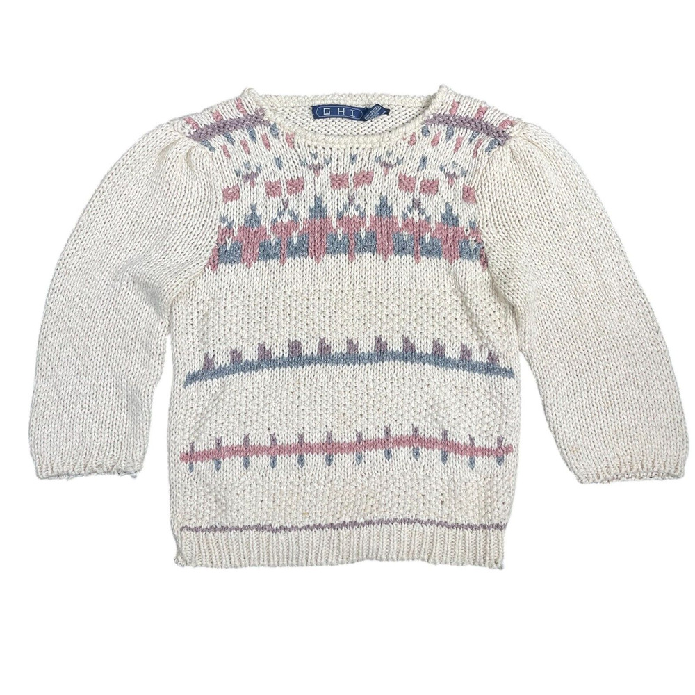 VTG 80s 90s Sweater Sz M Silk Puff 3/4 Sleeve Knit Aztec Fair Isle Grannycore